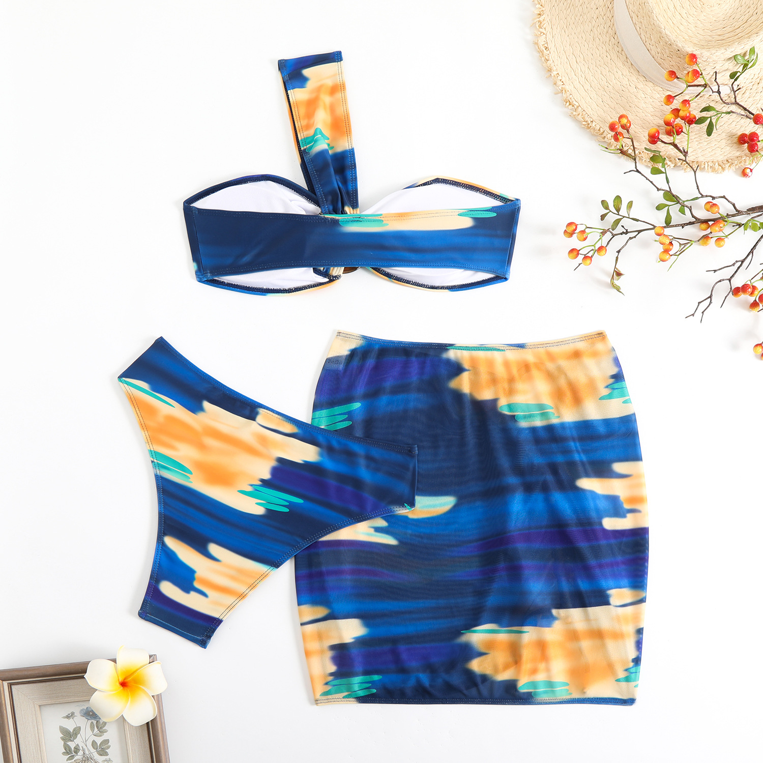 140g Weight Sleeveless Sleeve Length Polyester Fabric Type 3 Pieces Set Quantity Swimming Occasion One Shoulder Neckline Skinny Fit Type Colorful Pattern Women's Gender Sexy Style Women's Sexy Colorful 3 Pieces Set Bikinis Swimwear 17