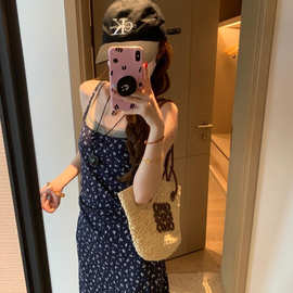 跨境假两件撞色碎花吊带裙女夏季设计感修身A字裙大摆连衣裙跨境