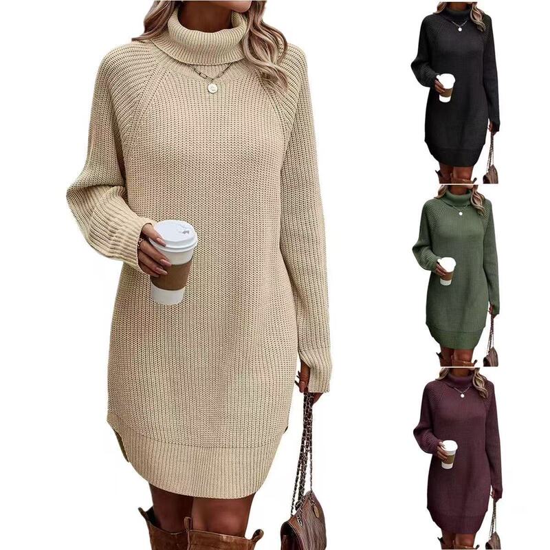 Cross-Border Amazon Autumn and Winter Pure Color Fashionable Slit High Collar Long Women's Sweater Sweaters Knitted Long Skirt Cross-Border Amazon Autumn and Winter Pure Color Fashionable Slit High Collar Long Women's Sweater Sweaters Knitted Long Skirt