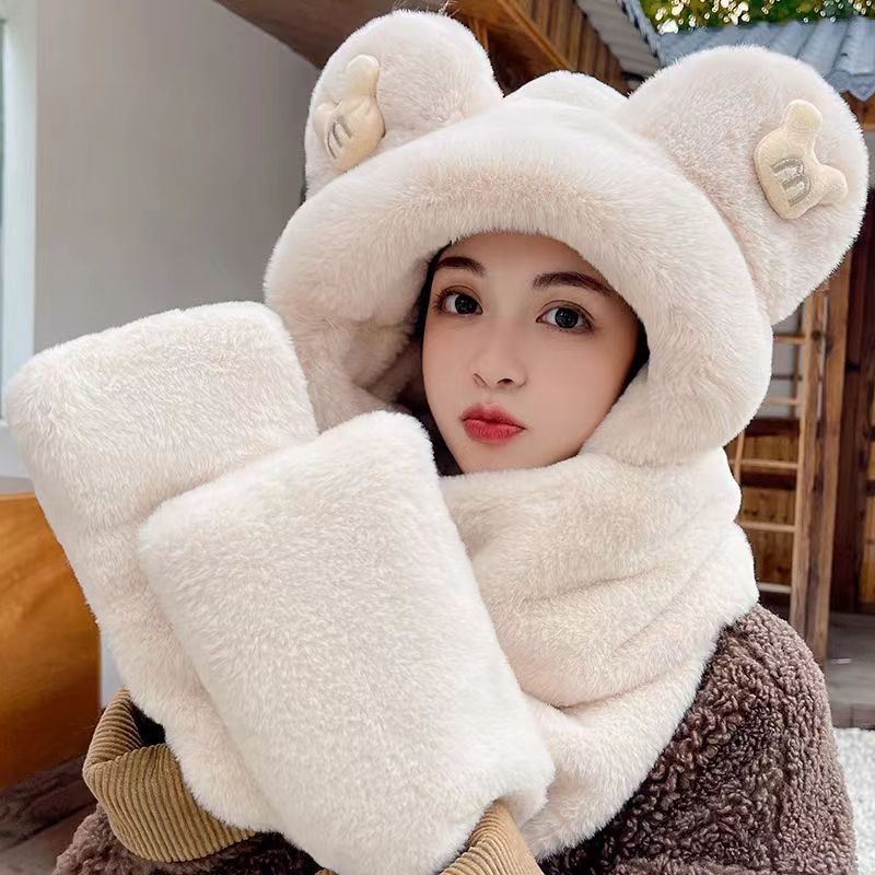 Conjunto de gorro, bufanda y guantes con diseño de oso, todo en uno, para calidez y protección de las orejas, conjunto de tres piezas para mujer, versátil para otoño e invierno, gorro de felpa de una pieza. image 12