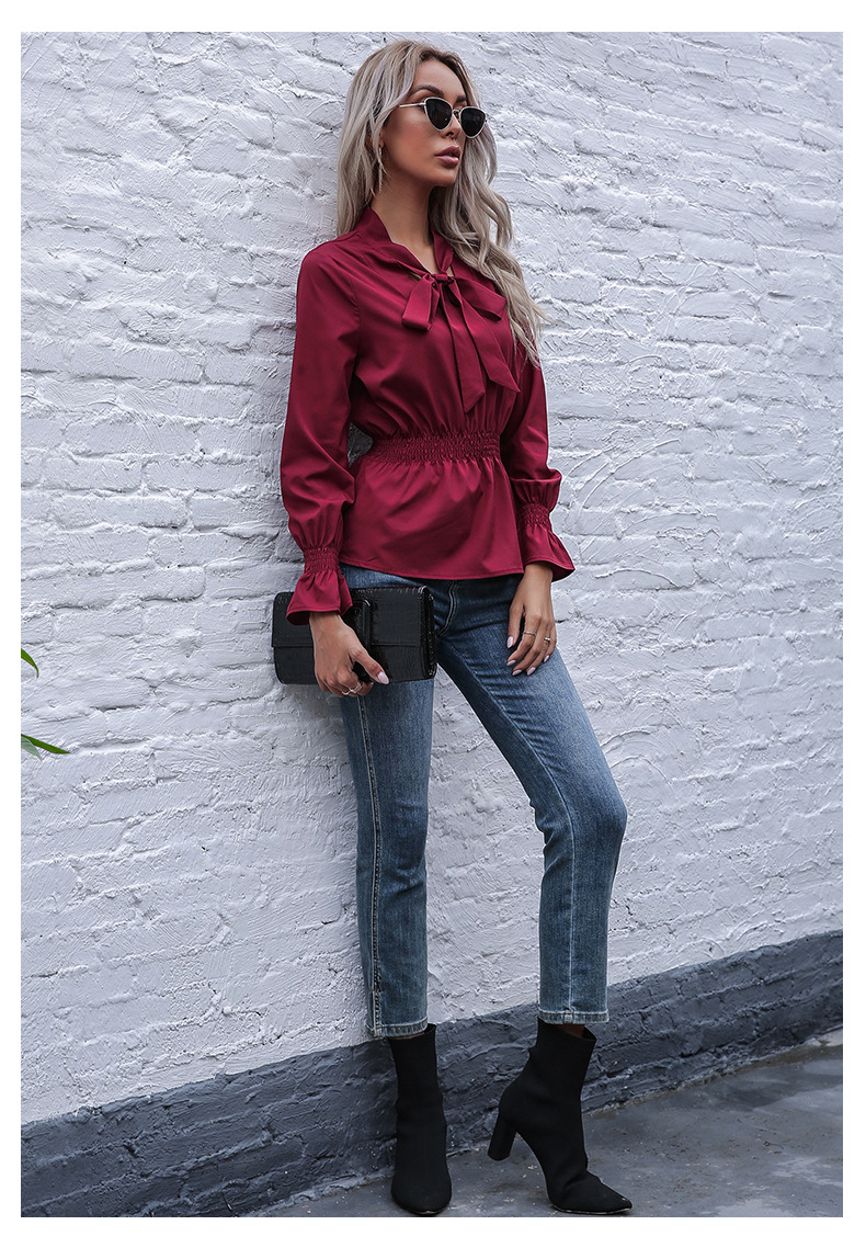 Solid Color Scarf Collar Slim Fit Elasticated Waist Speaker Long Sleeve Pullover Shirt - Blouses & Shirts - Uniqistic.com