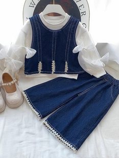 Girls Denim Suit Spring & Fall 2025 New Shirt Vest Wide Leg Pants Three-Piece Set Baby Girl Korean Autumn Clothing Trend