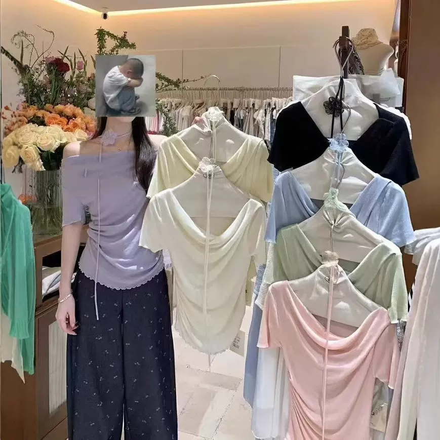 韩系荡领短袖针织上衣女短款2025春新款温柔甜美褶皱修身别致小衫