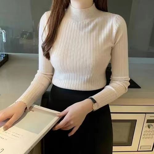 半高领长袖坑条针织打底衫女秋冬小个子百搭修身短款时尚内搭毛衣|undefined