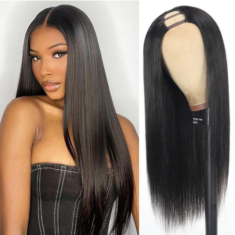 Xuchang foreign trade European and American fashion wig chemical fiber wig women's black long straight hair U-shaped elastic half-head wig