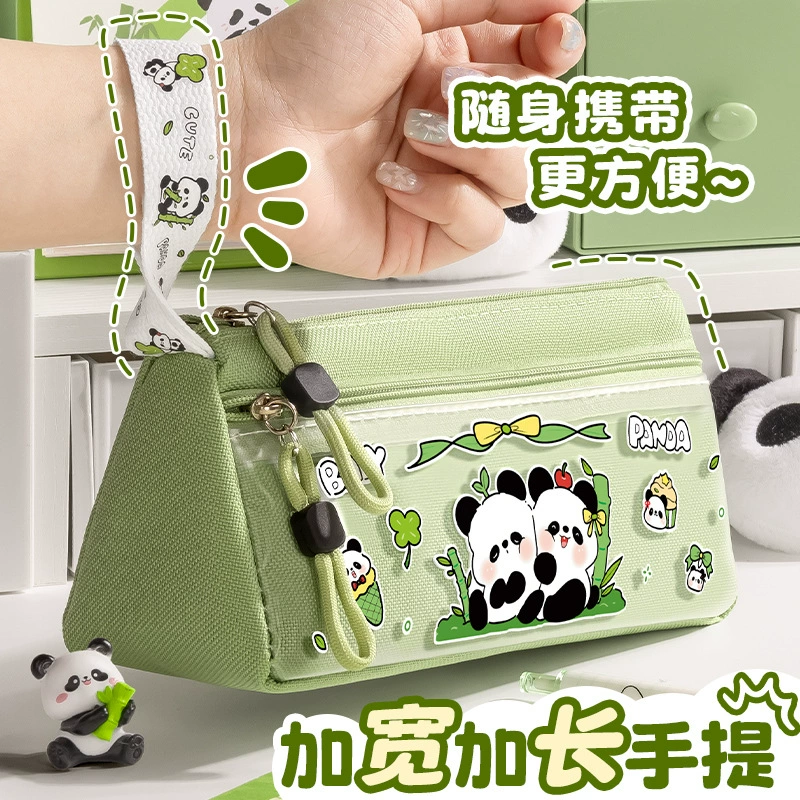 Cartoon cute capacious triangular universal pencil case for students, panda, primary and secondary school