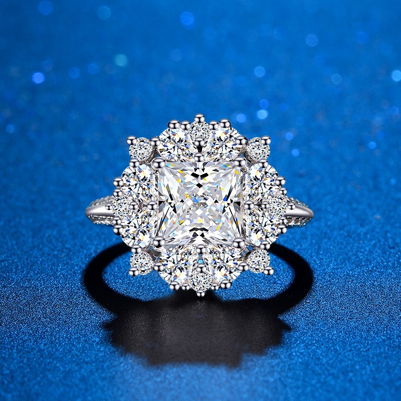 S925 Sterling Silver Two-Carat Moissanite Wedding Ring Princess Square Female Luxury Cross-Border Supply Manufacturer Wholesale