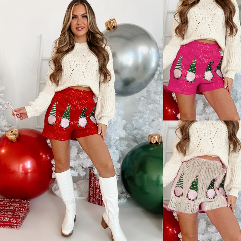Amazon 25 New Autum Cross-Border European and American Clothing Christmas Cartoon Santa Claus Sequined Shorts Pants for Women