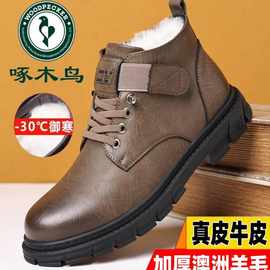 啄木鸟马丁靴男款冬季加绒羊毛保暖高帮棉皮鞋男士真皮休闲雪地靴