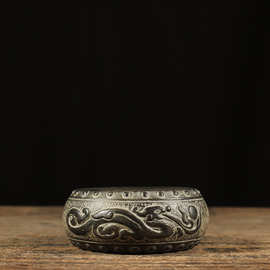 仿古石雕天然青石二龙戏珠石鼓壶承杯垫中式复古民俗怀旧家居摆件