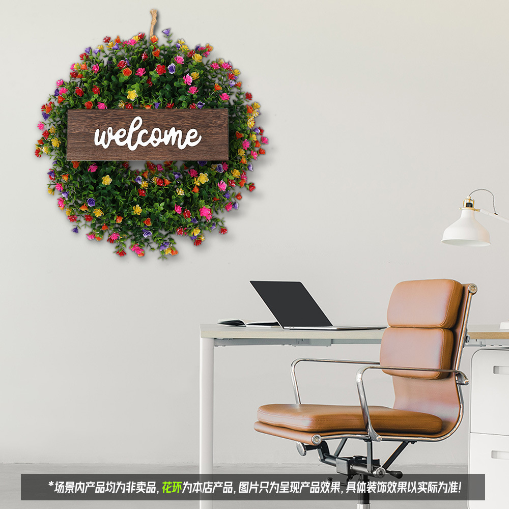 Pequeña corona de bienvenida de eucalipto y camelia, decoración para el hogar de Amazon, planta artificial de plástico, corona artificial