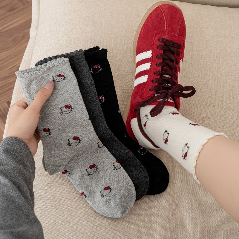 Women's Spring and Summer Thin Pure Cotton Socks, Japanese Style Kitty Cartoon Cat Mid-Tube Socks, Cute Seamless Socks for Spring and Autumn