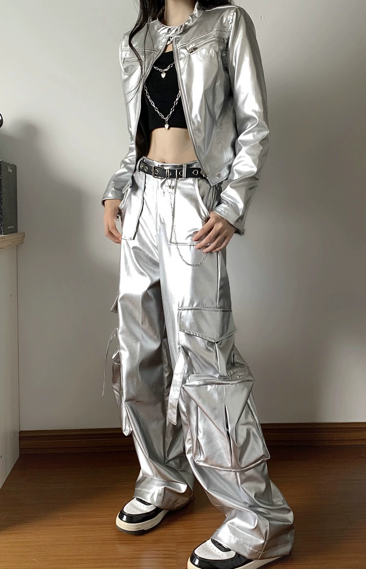 Реальная фотосессия 2024 Spice Girl локомотив яркий серебряный пальто с длинными рукавами хип-хоп танцев