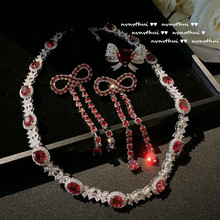 朱莉安石榴红花朵宝石项链 古董感镀18K金波尔多红蝴蝶结锆石耳环