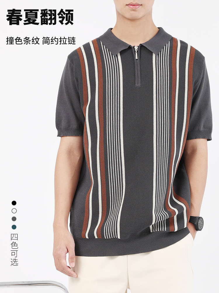 Polo de seda de hielo para hombre T rayas Paul tejido de negocios de alta gama camiseta masculina con cuello camiseta de secado rápido verano