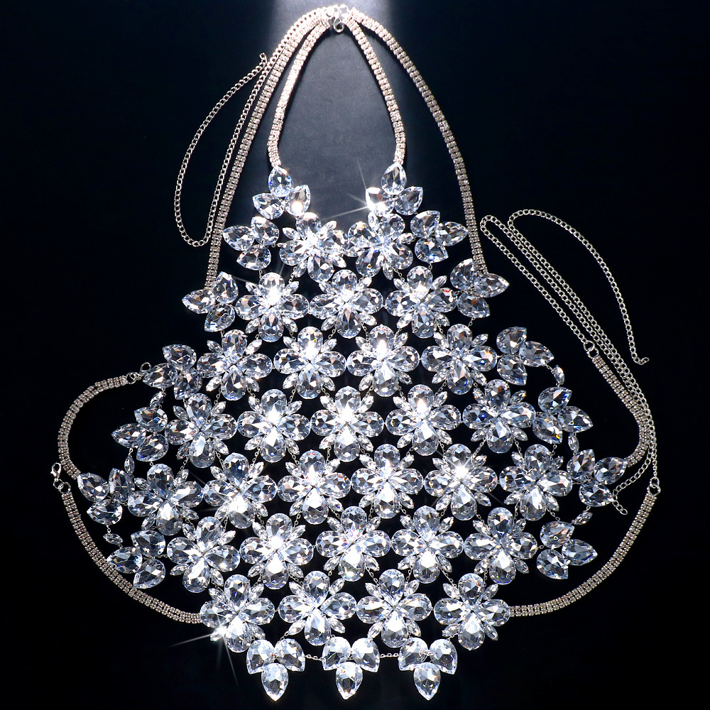 Cruzar la frontera nueva cadena del pecho de diamantes de imitación de Europa y América sexy exagerada flor Halter cuerpo de la cadena de la joyería de la cadena del cuerpo