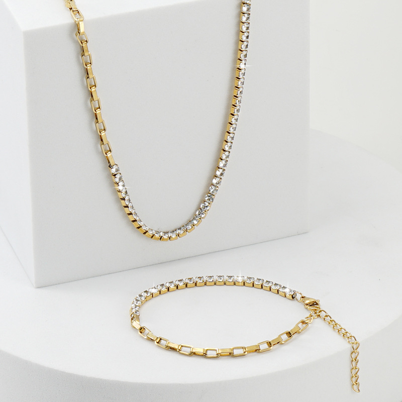 Fashion Geometric Titanium Steel Inlay Artificial Diamond Bracelets Necklace