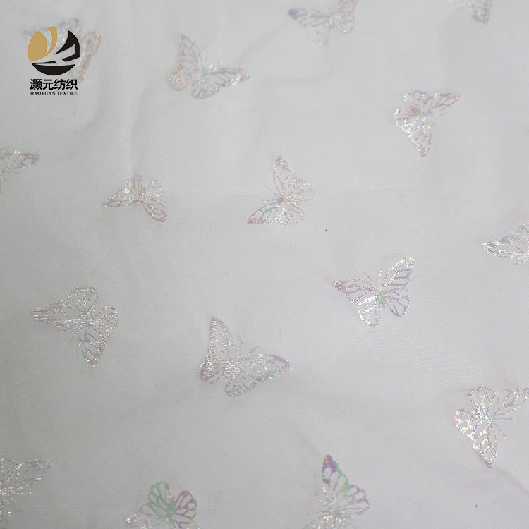 Nuevo color rosa mariposa fantasía estampado tela de malla de nylon tela de decoración para niños