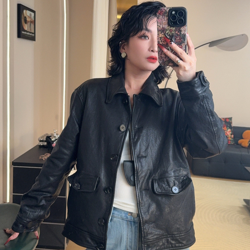 Haining Autumn New Style Twisted Leather Jacket Genuine Sheepskin Oil-Waxed Leather Jacket Loose Fit with Turn-down Collar