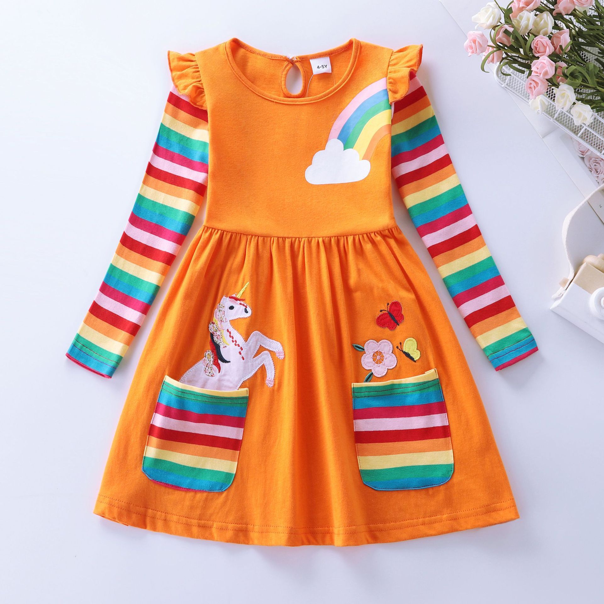 Vestido de unicornio de manga larga para niña de estilo europeo y americano, bordado de primavera y otoño, dos bolsillos, mangas arcoíris LH81035