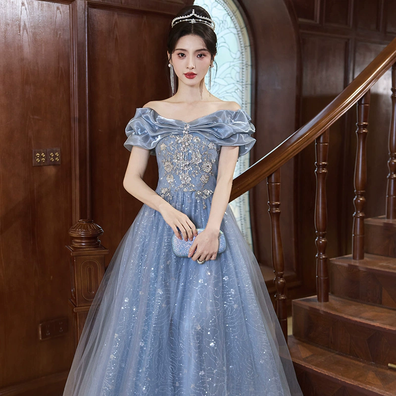 Blue evening dress, open shoulders, high-end