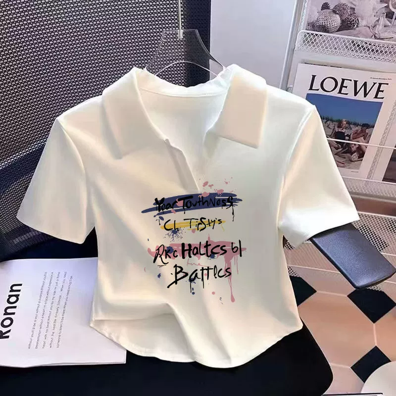 Женская хлопковая белая футболка-поло с коротким рукавом, летняя новинка 2025 года, стройнящая, модная, короткий топ