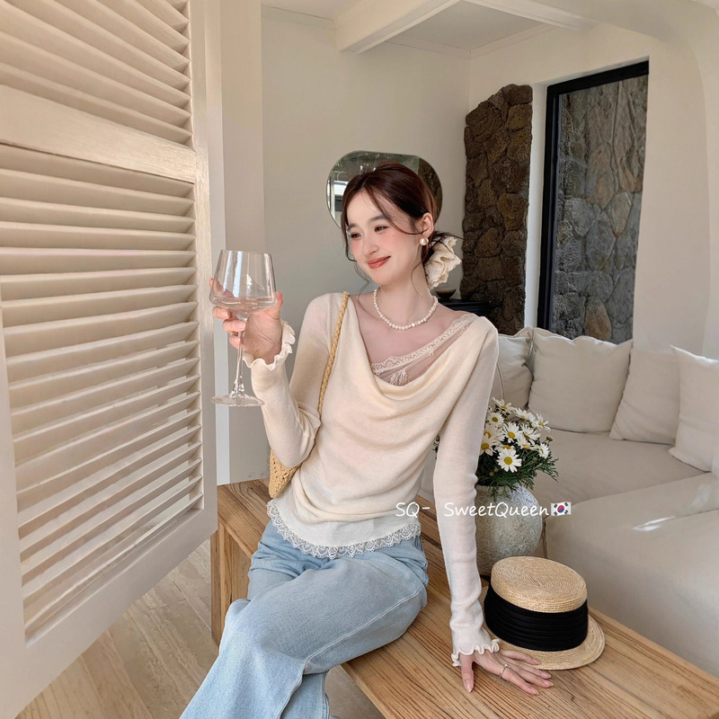 2025 Guangzhou Thirteen Lines High-Quality Top Super Nice Off-Shoulder Lace Patchwork Fake Two-Piece Swing Collar T-Shirt for Women Summer