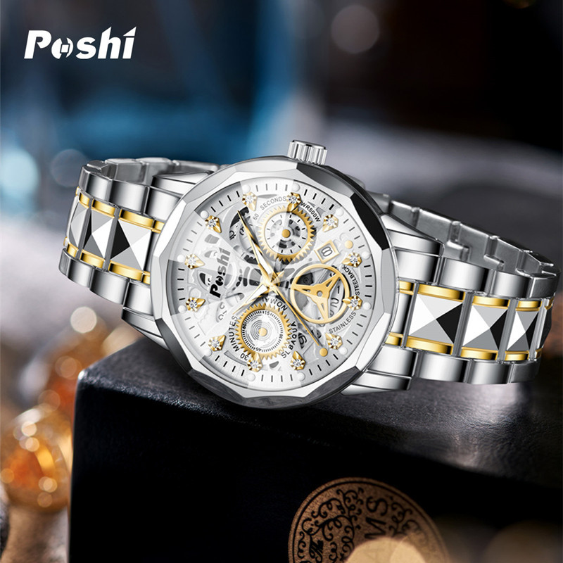 Relojes para hombres de marca de moda, calendario automático, relojes para hombres de negocios, relojes para hombres huecos impermeables luminosos de cuarzo
