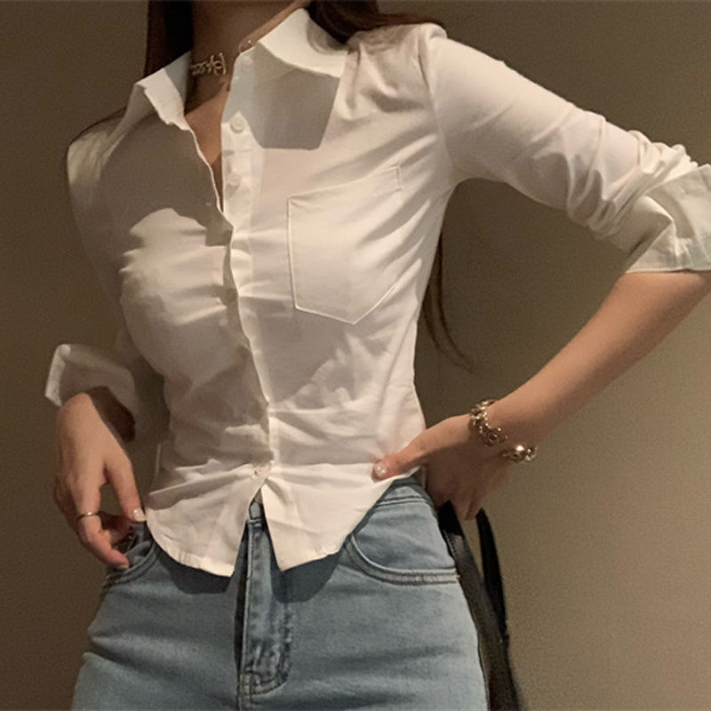 Autumn Pure Lust Sexy Style Slim Waist Slimming Short Sexy White Shirt Women's Long-Sleeved Front Desk Work Clothes