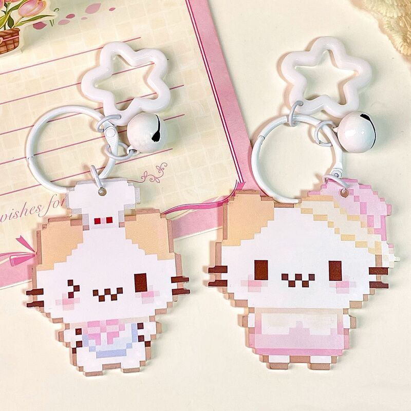 Sweet Kitten Bell Pendant Pixel Style Cute Acrylic Keychain Student Bag Pendant Gift for Best Friend