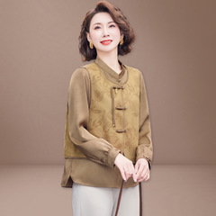 新しい中国式のお母さんの春の装いの馬の甲のスーツの端正な気質の中高年の女性の春秋の長袖の小さいシャツのtシャツの2つのセット