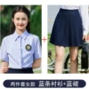 Shirt, blue pleated skirt
