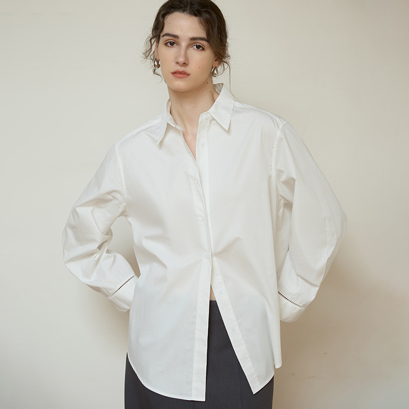 High-End All-Cotton White Shirt for Women, Stylish High-Density Pure Cotton Long-Sleeve Collared Top, Spring Loose-Fit Commuter Shirt