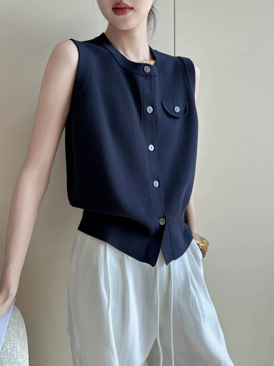 Áo len cardigan không tay nữ mùa hè cao cấp, chất liệu mỏng nhẹ — Xanh lông mòng đen
