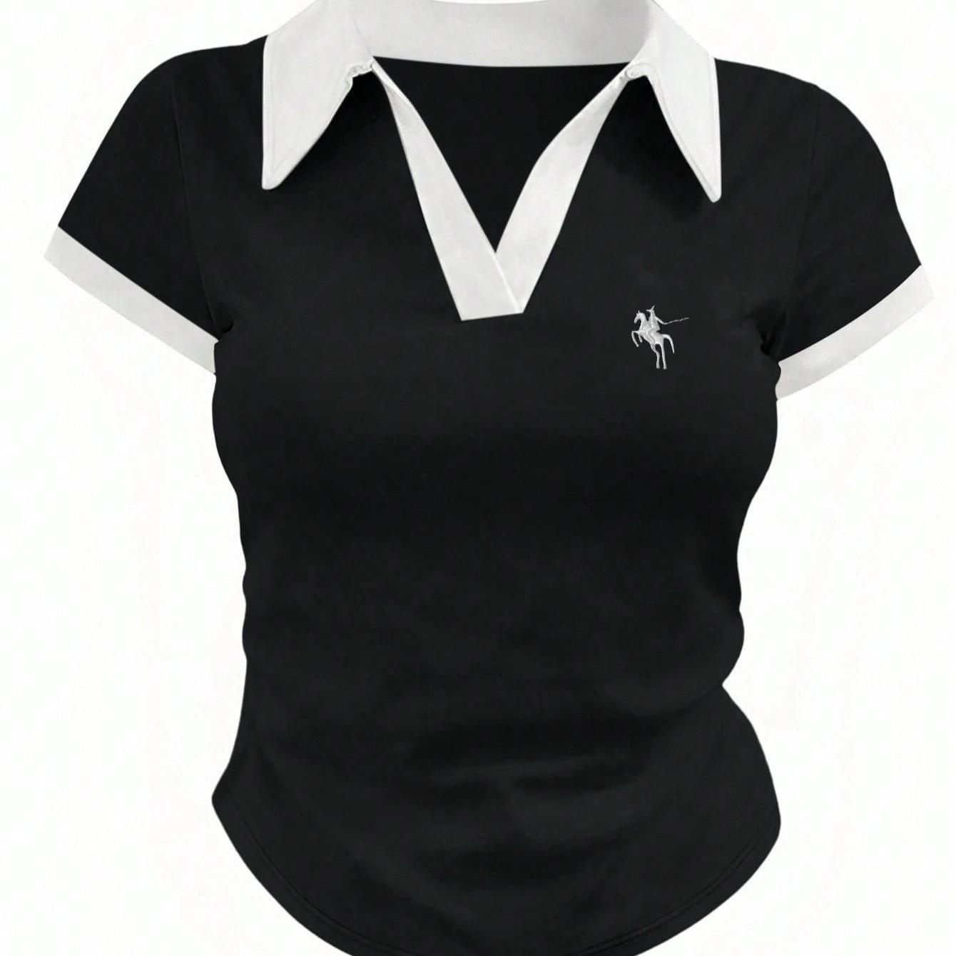 Slim Fit Women's Polo Shirt Collared Solid Colour Equestrian Top_voghion.com