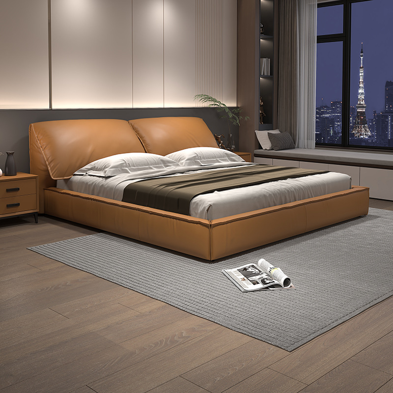 Cama flotante minimalista nórdica de 1.5 metros con almacenamiento, cajón de presión de aire, caja alta de 1.8 metros, capa superior de cuero artístico, cama suave de piel de vaca