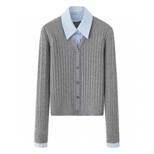 现货2025春季新款气质休闲假两件衬衫复古麻花针织衫女 1G2633704