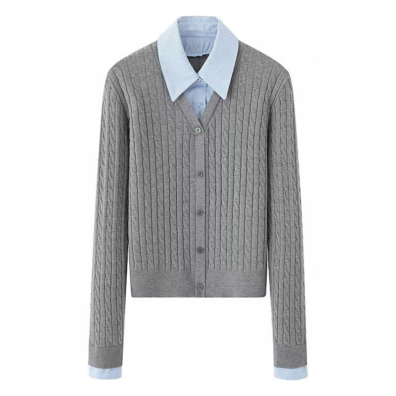 现货2025春季新款气质休闲假两件衬衫复古麻花针织衫女 1G2633704