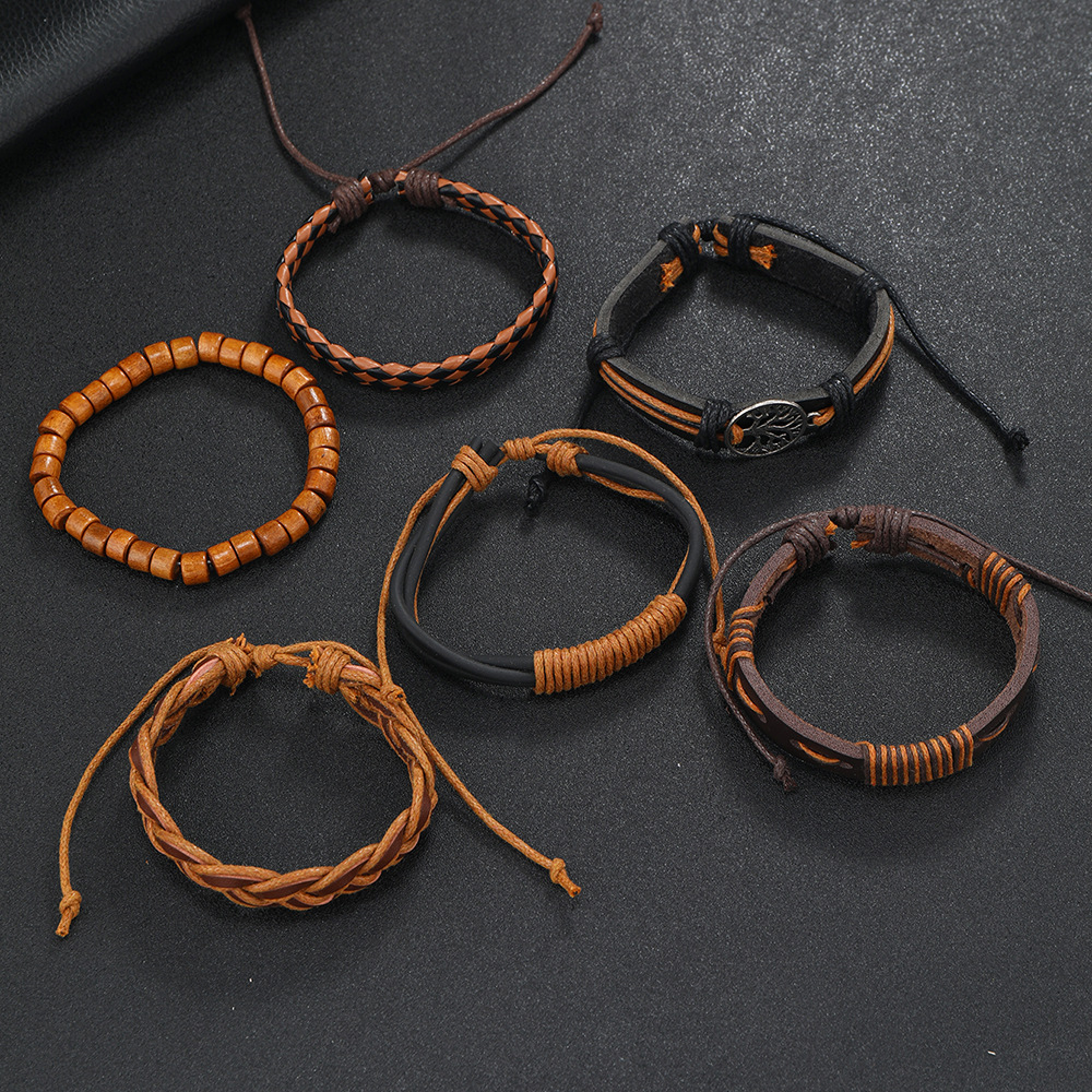 Retro Geometric Pu Leather Wooden Beads Beaded Men's Bracelets display picture 5