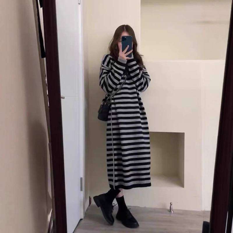 欧洲站秋冬2025新款女装长款过膝宽松条纹毛衣裙子针织连衣裙打底|undefined
