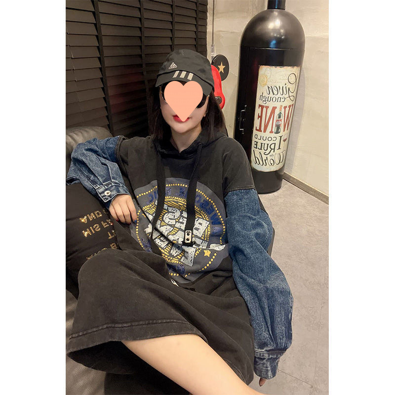 유럽 역 데님 후드 원피스 여성의 새로운 대형 지방 MM300 긴 원피스 덮는 진 느슨한 고기