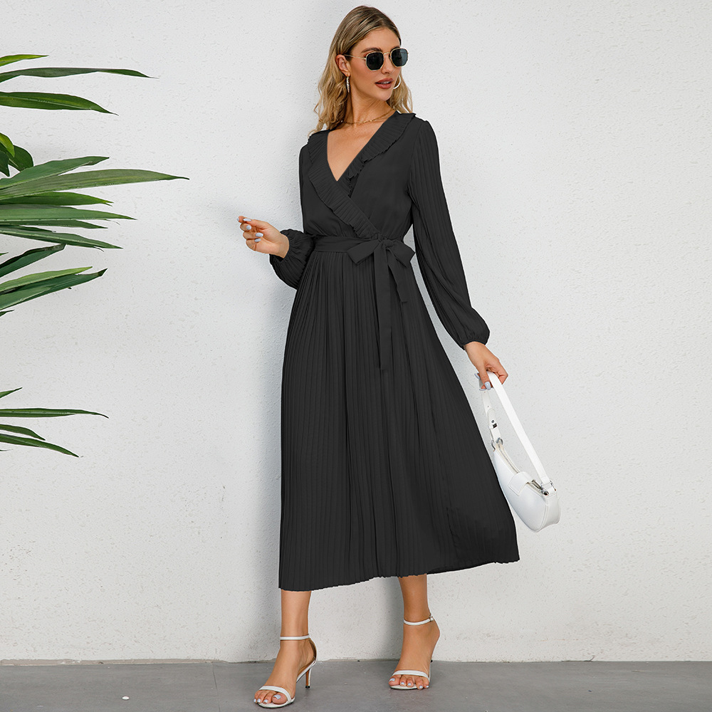 Women's Regular Dress Simple Style V Neck Belt Ruffles Pleated Long Sleeve Solid Color Midi Dress Daily Street display picture 17