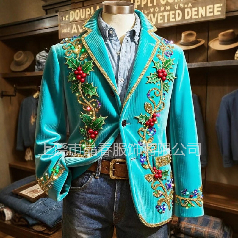 Autumn and Winter New Men's Clothing Printed Retro Christmas Pattern Casual Fashion Suit Collar Jacket Suit (320g)