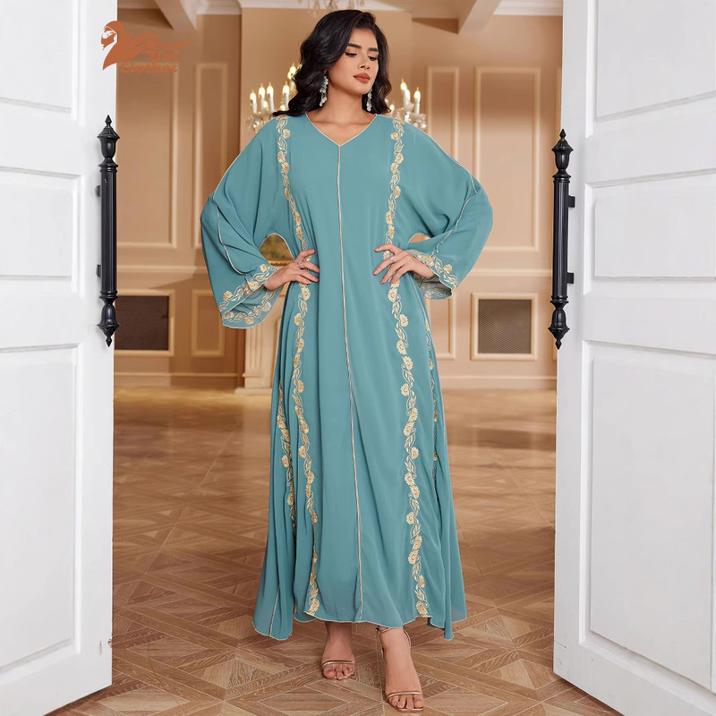 U1505 Modest Fashion Embroidered Solid Color Elegant Loose Dress