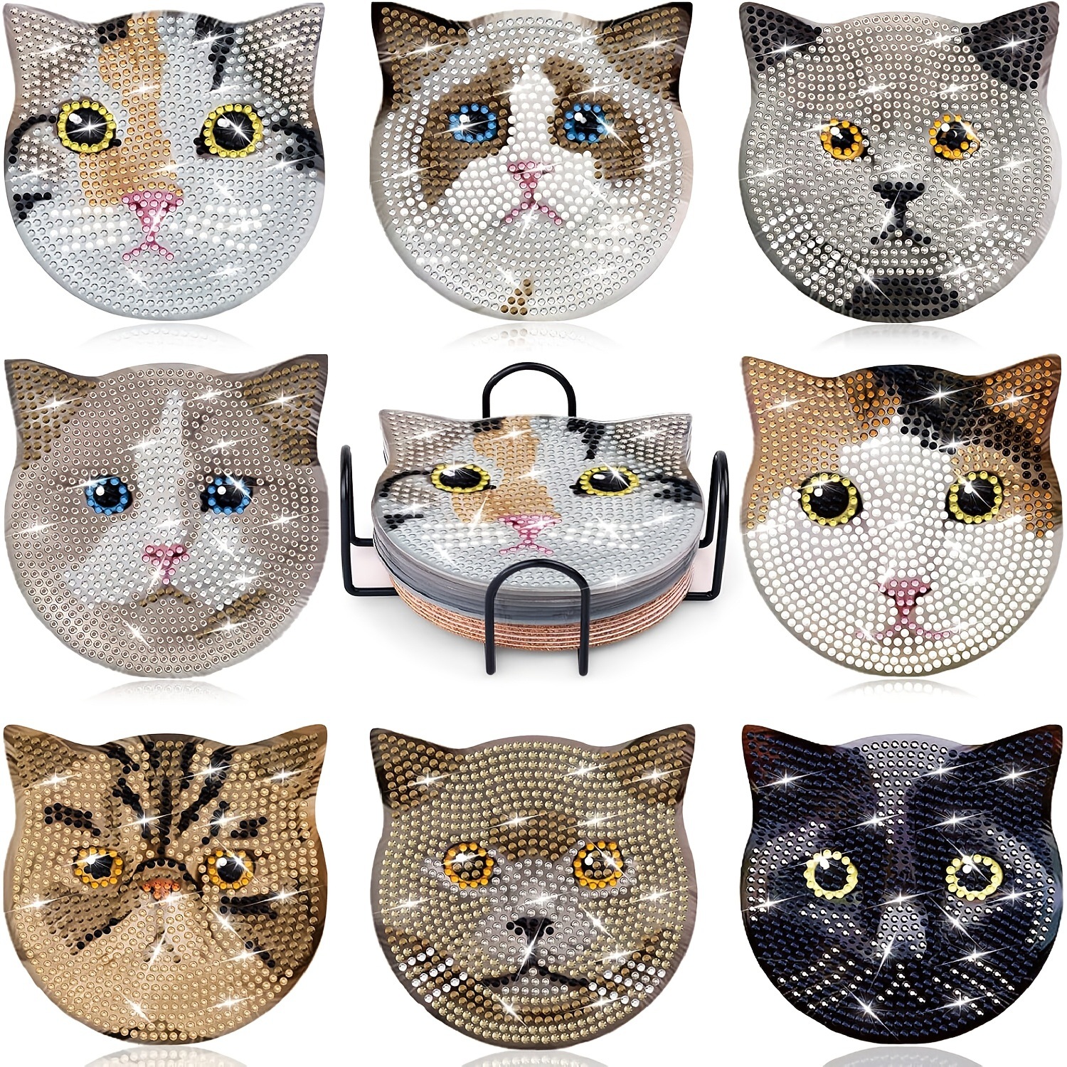 Ventas transfronterizas calientes de 8 piezas de conjunto de cojín de taza de arte de diamante, con soporte, pequeño conjunto de pintura de diamante, adecuado para adultos