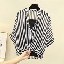 2025夏季新款条纹显瘦不规则套头衬衣两件套蝙蝠袖雪纺衫上衣女潮