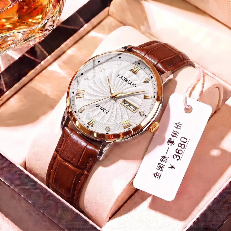 New fully automatic leather quartz men's watch, waterproof men's watch, ultra-thin luminous dual calendar wristwatch, cross-border wholesale