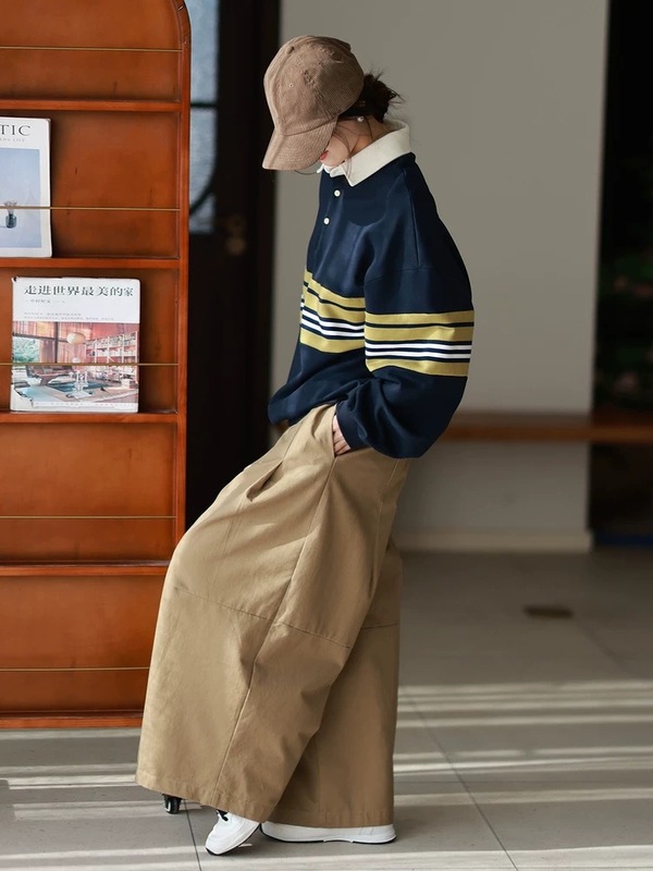 原品女装秋季新品慵懒风条纹翻领长袖卫衣显瘦减龄纯棉上衣|undefined