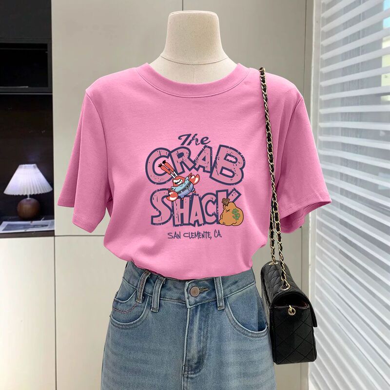 蜜桃粉色t恤女短袖2025新款夏季字母卡通大版宽松显瘦纯棉上衣|undefined