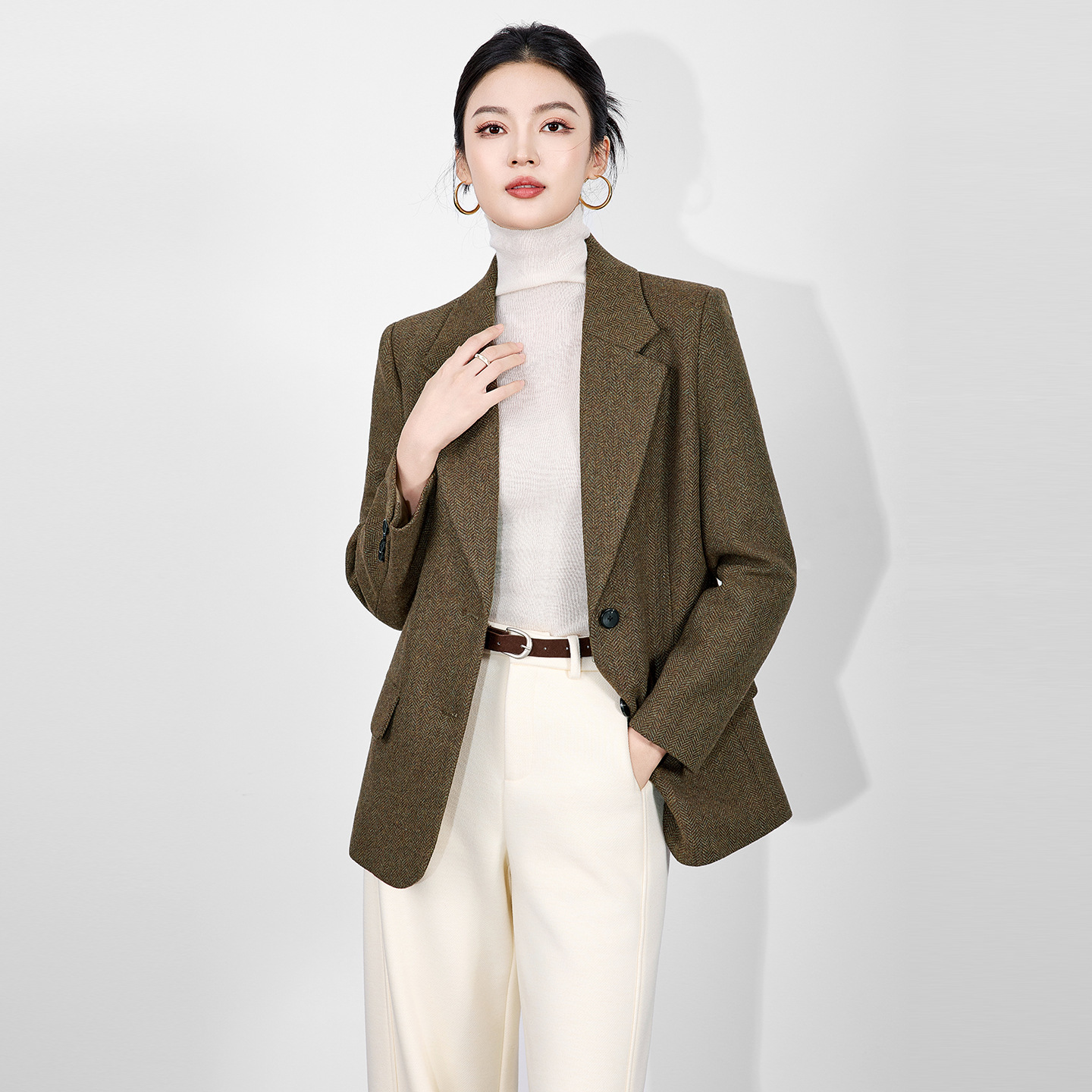 2515412-Nanyou High-Quality Thickeneded Suit Jacket Women's Winter New Style Old Money Style Herringbone Wool Blend Top